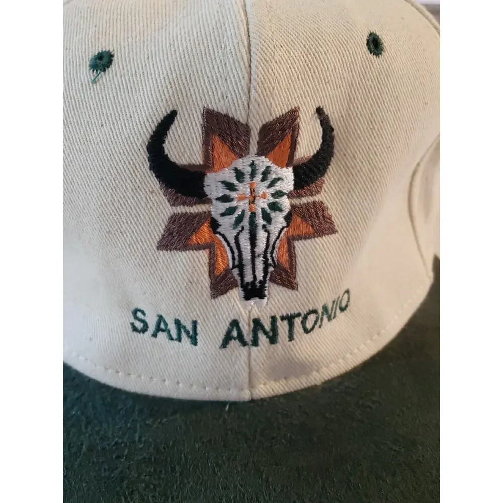 Vintage 90s San Antonio Texas Cowboy Black Suede Green Brim Strapback Hat